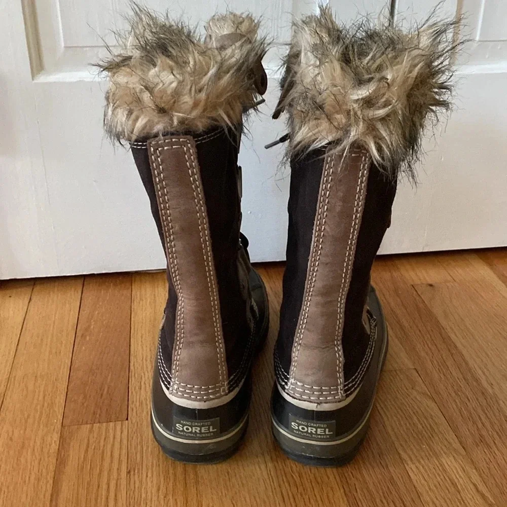 Sorel Joan‎ of Arctic Snow Boots Black Faux Fur Size 8 Brown Fur Cuff